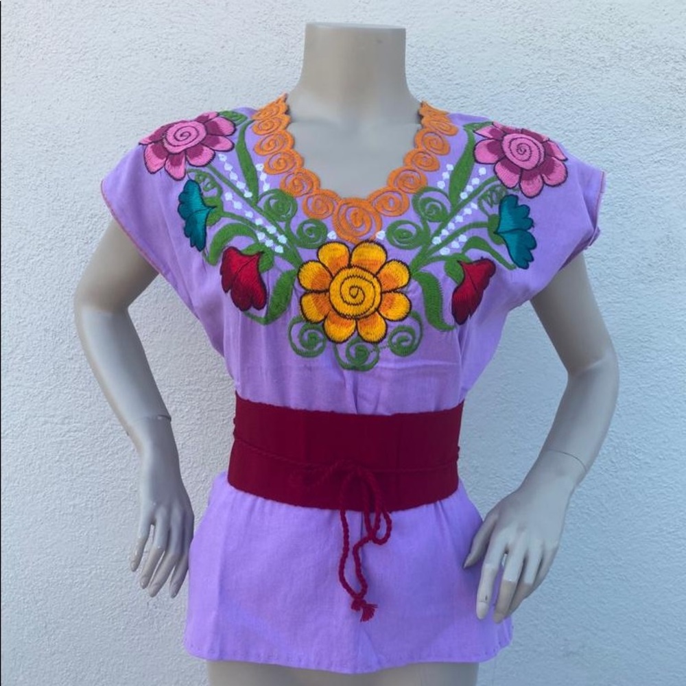 MEXICAN EMBROIDERED BLOUSE with BELT SIZE SMALL